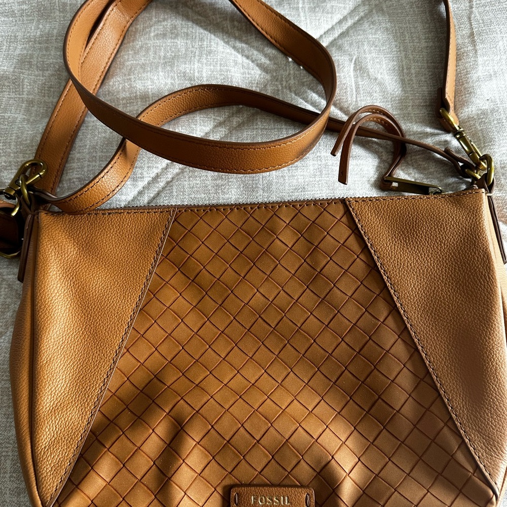 Fossil Tan and Brown Woven Shoulder Bag